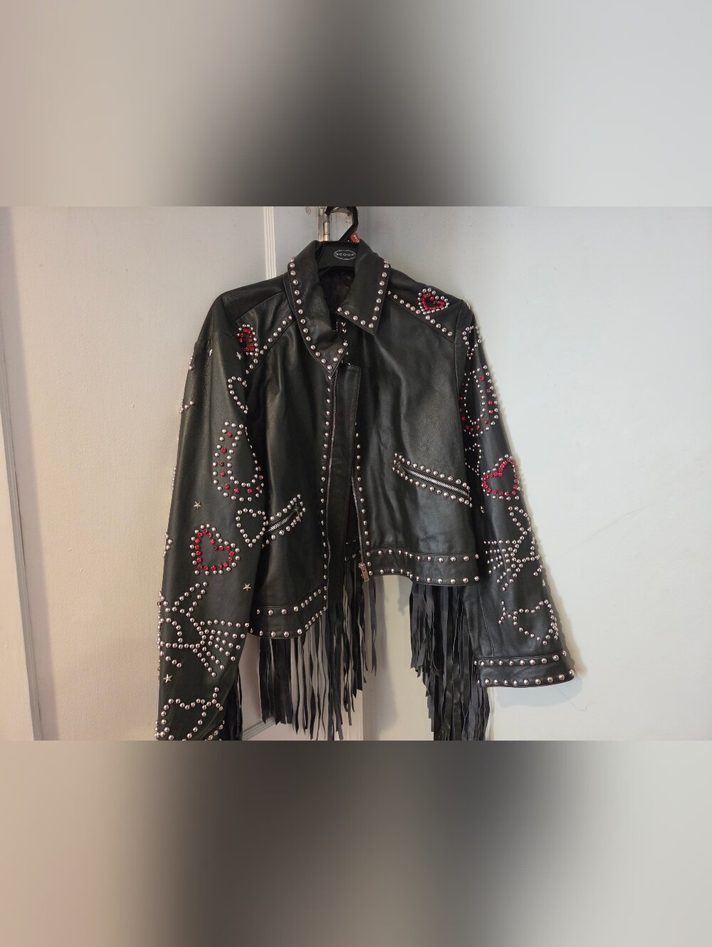 Nasty Gal Black Leather Fringe Jacket with Red Heart Studs